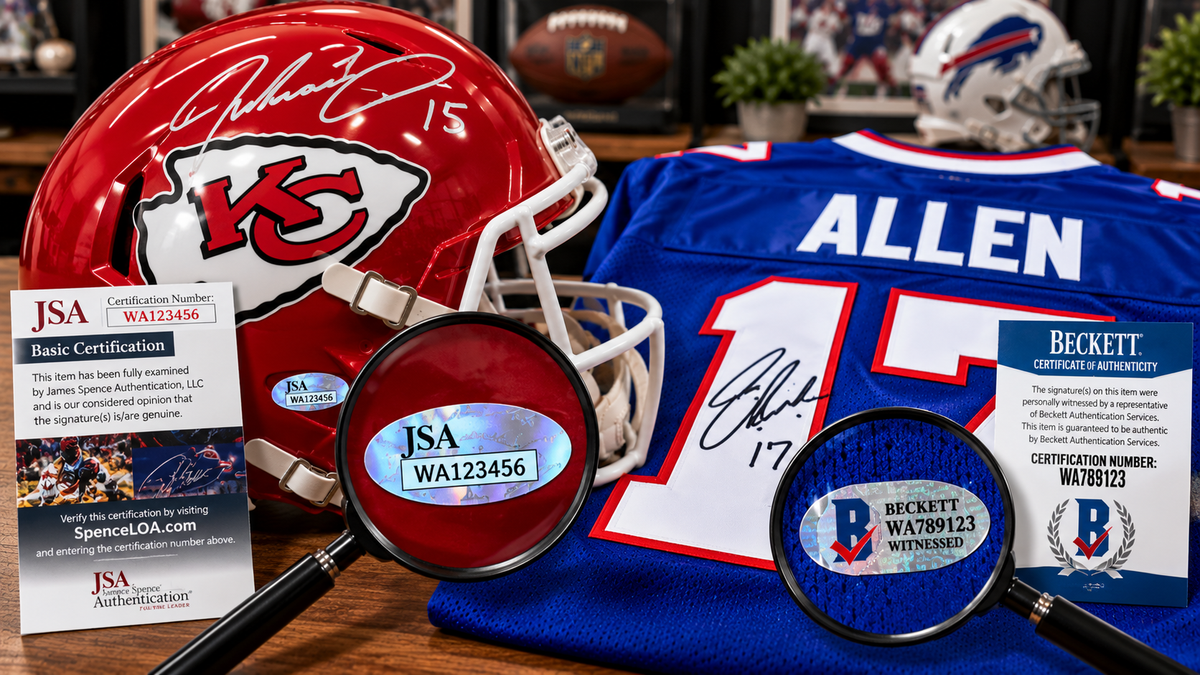 Signed football helmet and autographed jersey with authentication certificate and numbered hologram