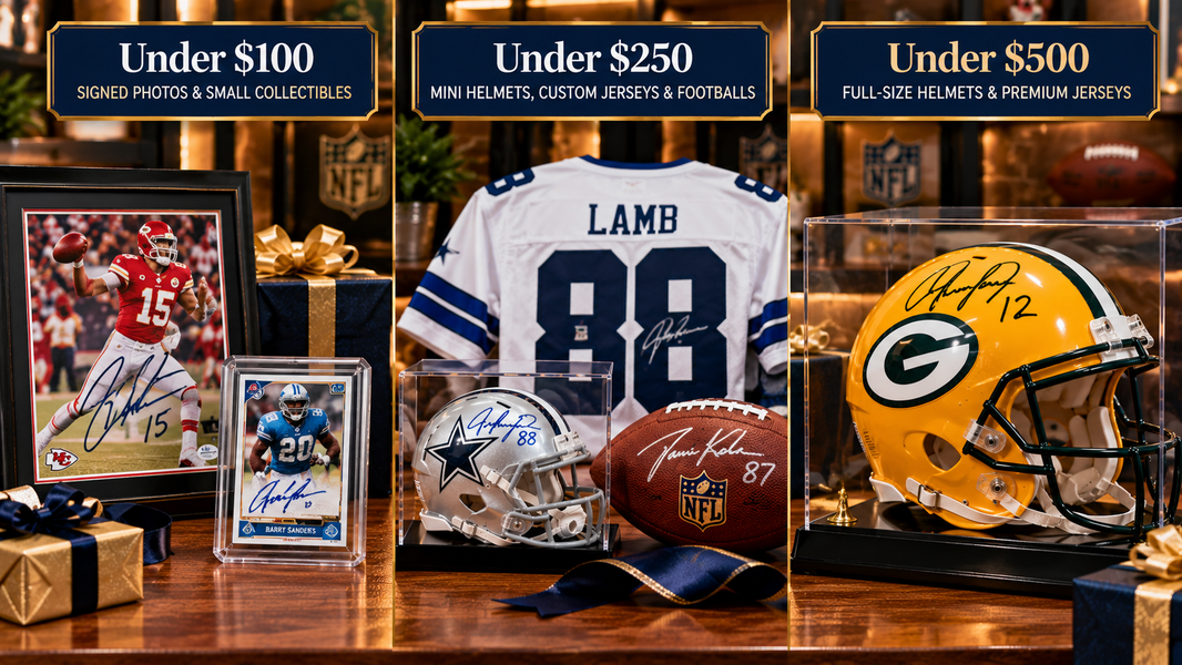 Autographed NFL memorabilia gift ideas including signed photographs, mini helmets, jerseys, and full-size football helmets for different budgets