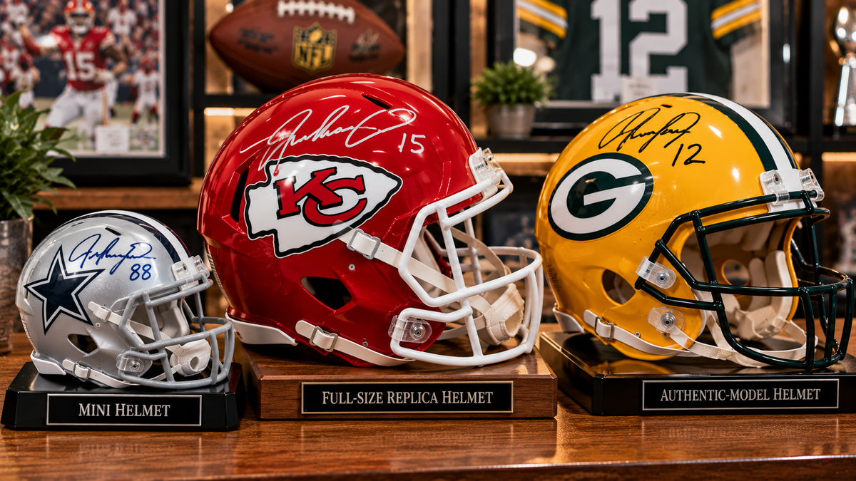 Collection of autographed mini and full-size football helmets displayed in a sports memorabilia room