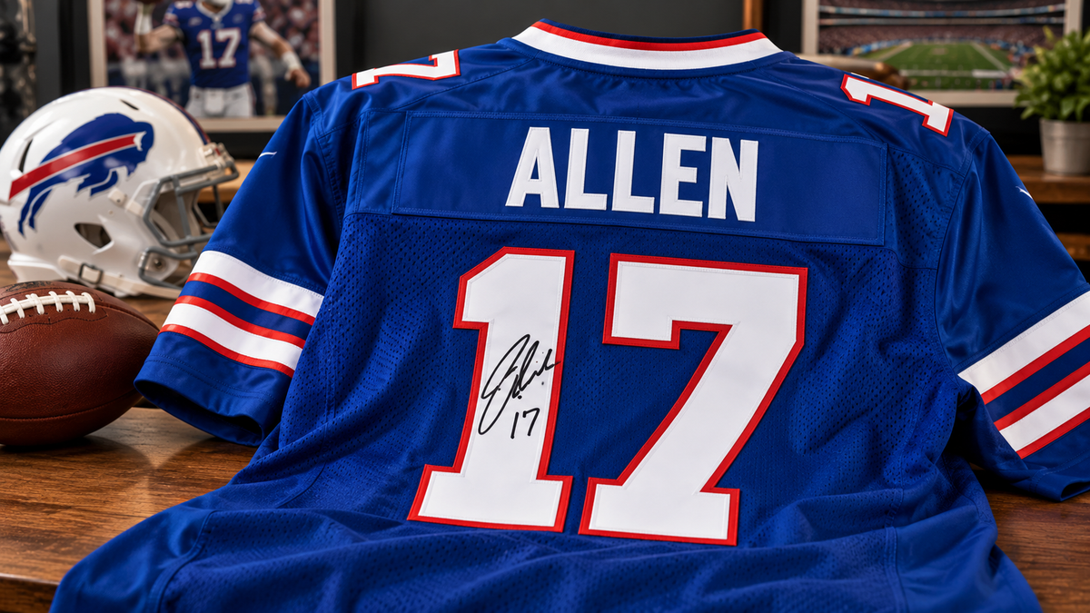 Custom autographed football jersey showing an authenticated athlete signature