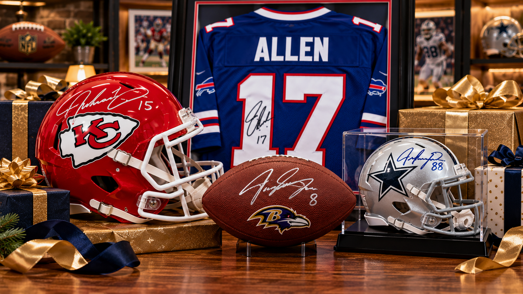 Autographed football jersey, signed helmets, and football displayed as sports memorabilia gifts for football fans