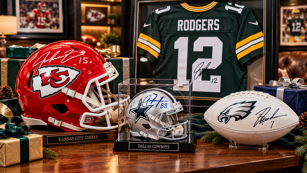 Autographed NFL helmets, jersey, and football from different teams displayed as premium football memorabilia gifts