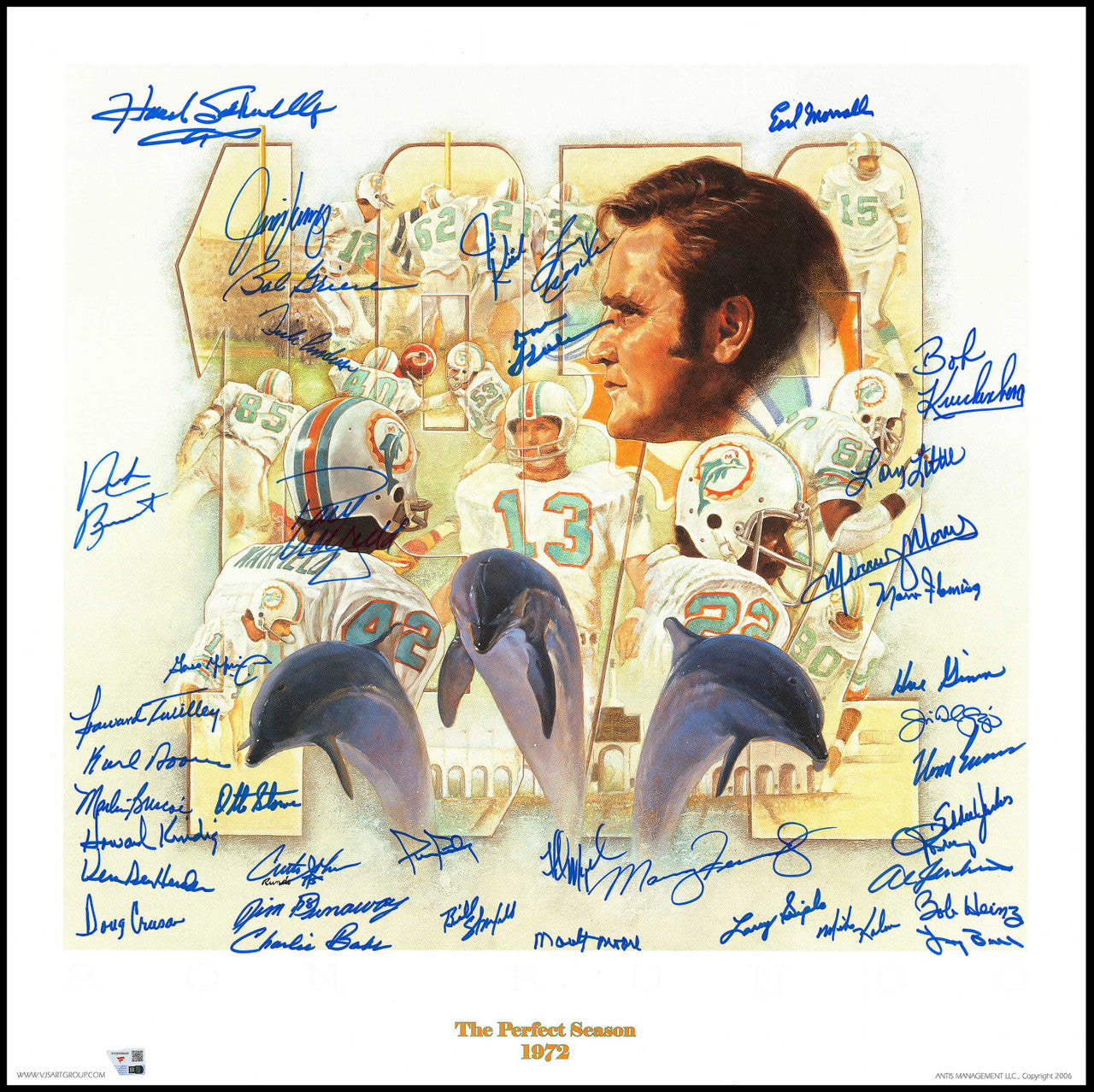 1972 Miami Dolphins Perfect Season Team Autographed 24x24 Lithograph Photo With 40 Signatures Including Shula & Griese Fanatics Holo