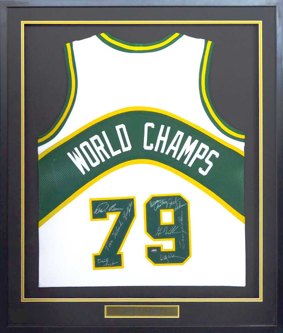 1978-79 NBA Champion Seattle Supersonics Autographed Framed White Jersey With 9 Signatures Including Fred Brown & Lenny Wilkens MCS Holo