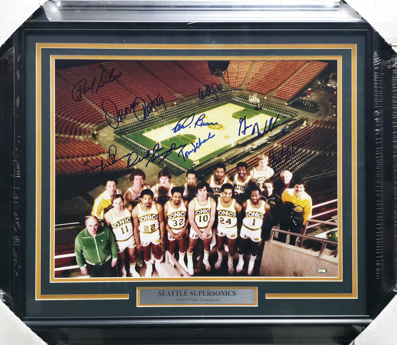 1978-79 NBA Champion Seattle Supersonics Team Autographed Framed 16x20 Photo With 9 Signatures Including Fred Brown & Lenny Wilkens MCS Holo #87231
