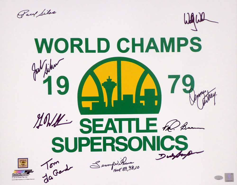1978-79 NBA Champions Seattle Supersonics Multi Signed Autographed 16x20 Photo With 9 Signatures Including Fred Brown & Lenny Wilkens "HOF 89, 98, 10" MCS Holo
