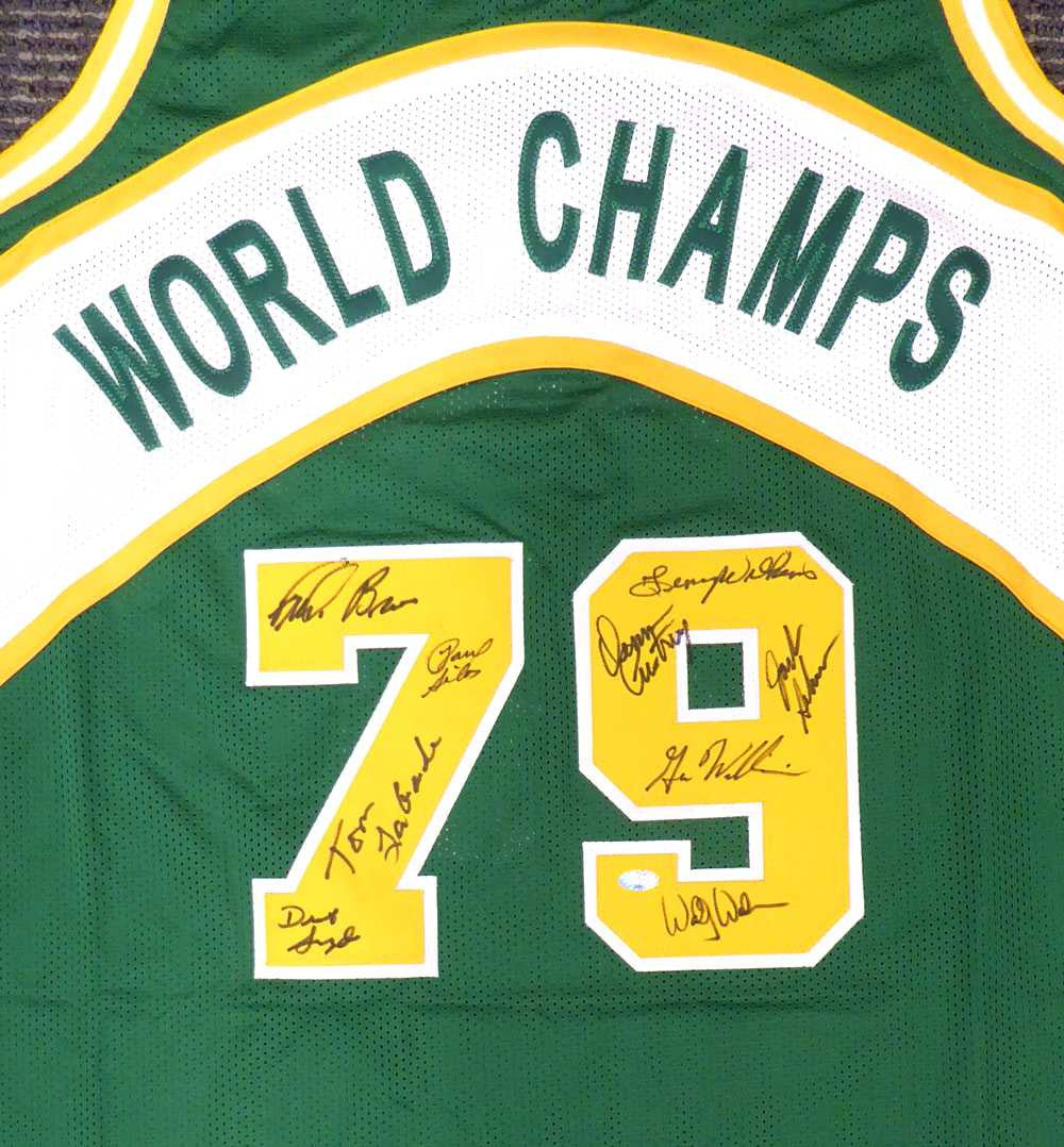 1978-79 NBA Champions Seattle Supersonics Multi Signed Autographed Green Jersey With 9 Signatures Including Fred Brown & Lenny Wilkens MCS Holo