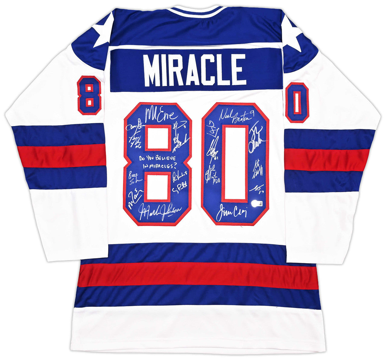 1980 Team USA Miracle on Ice Autographed White Jersey "Do You Believe In Miracles?!" With 18 Signatures Including Eruzione & Craig Beckett BAS Witness