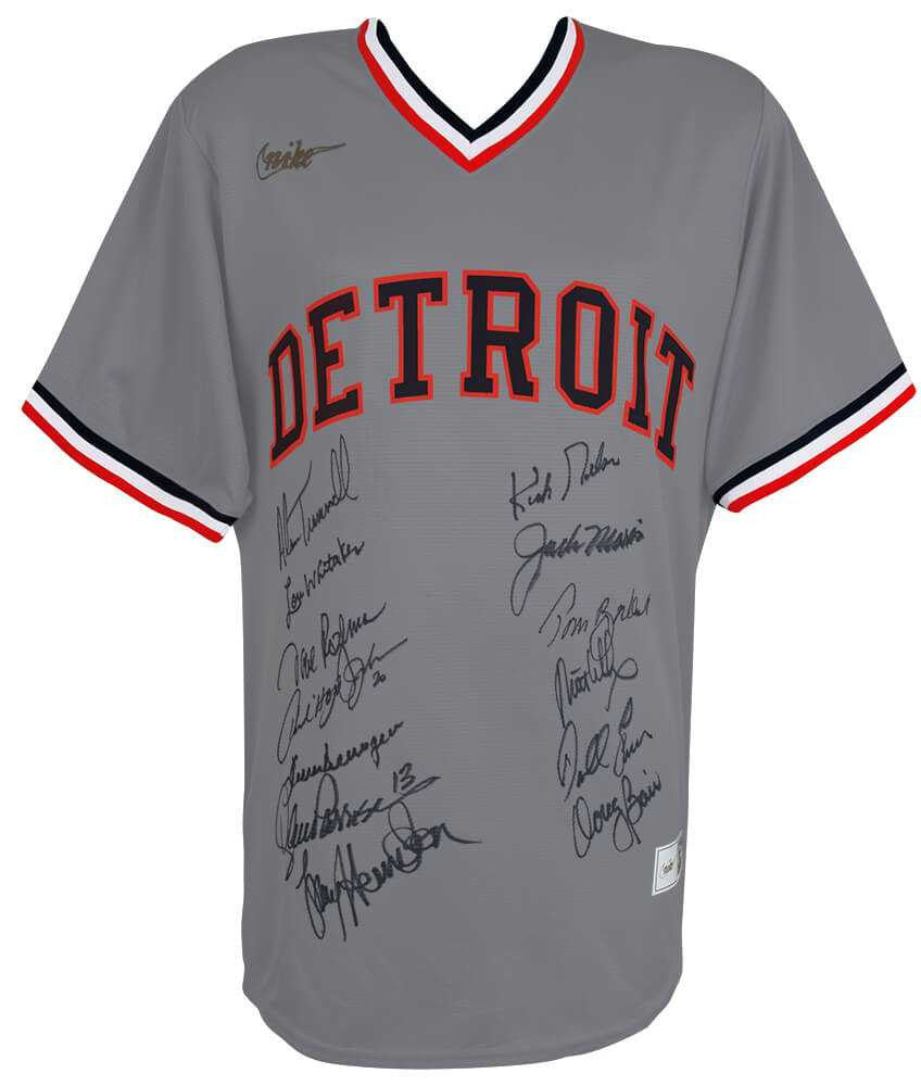 1984 Detroit Tigers Team Signed Detroit Tigers Cooperstown Collection Grey Replica Jersey (13 Signatures) – Schwartz Authenticated