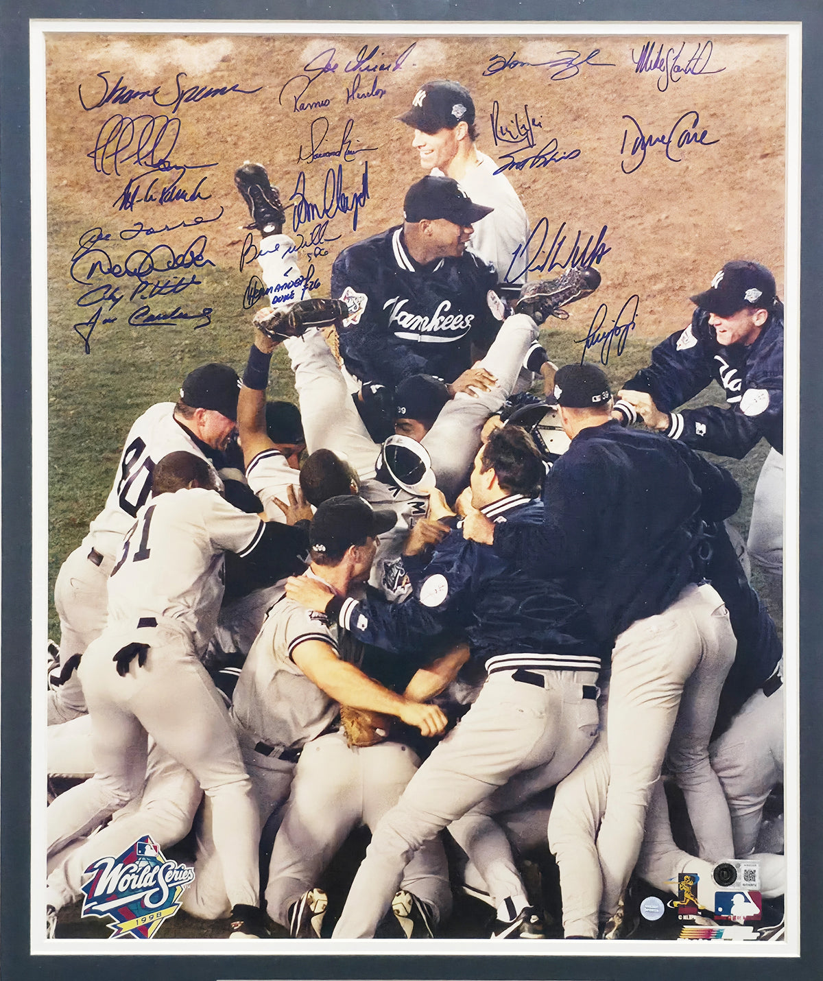 1998 NY Yankees World Champions Signed Framed 16x20 Photo (20 Signers Jeter Rivera) | BAS #AG020328