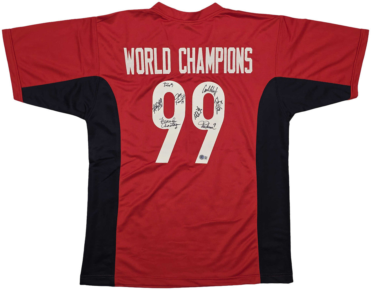 1999 Team USA Women’s Soccer World Cup Champions Autographed Red Jersey – 8 Signatures incl. Hamm & Chastain – Beckett BAS Witness