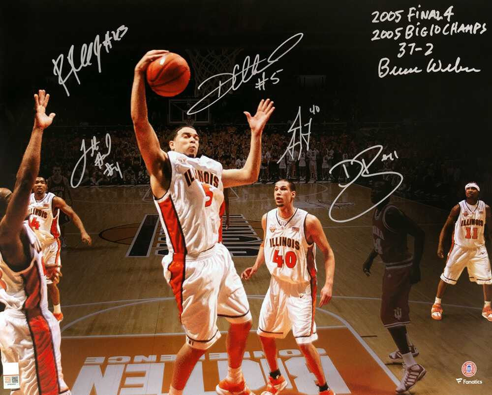 2005 Illinois Fighting Illini Team Signed Basketball Starting Five Spotlight Action 16x20 w/6-Sigs, 3-Insciptions - Schwartz Authenticated