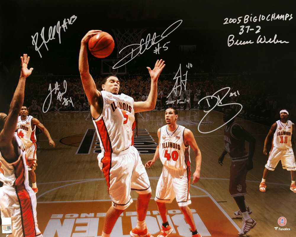 2005 Illinois Fighting Illini Team Signed Starting Five Spotlight 16x20 Photo w/3 Inscriptions (6 Sigs) – Schwartz Authenticated