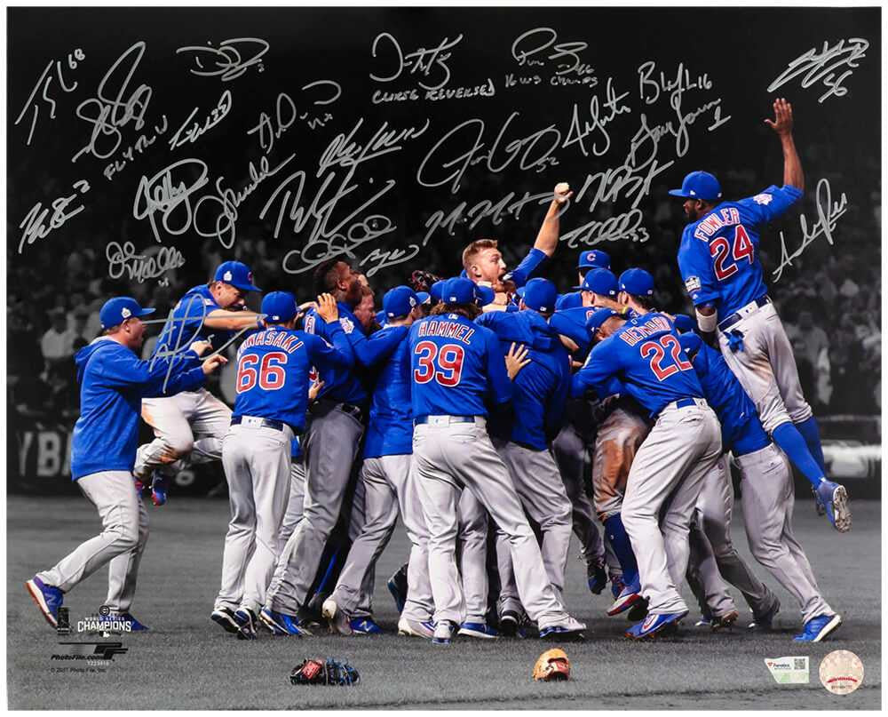 2016 Chicago Cubs Team Signed 16x20 World Series Celebration Photo (25 Sigs + Inscriptions) – Schwartz COA