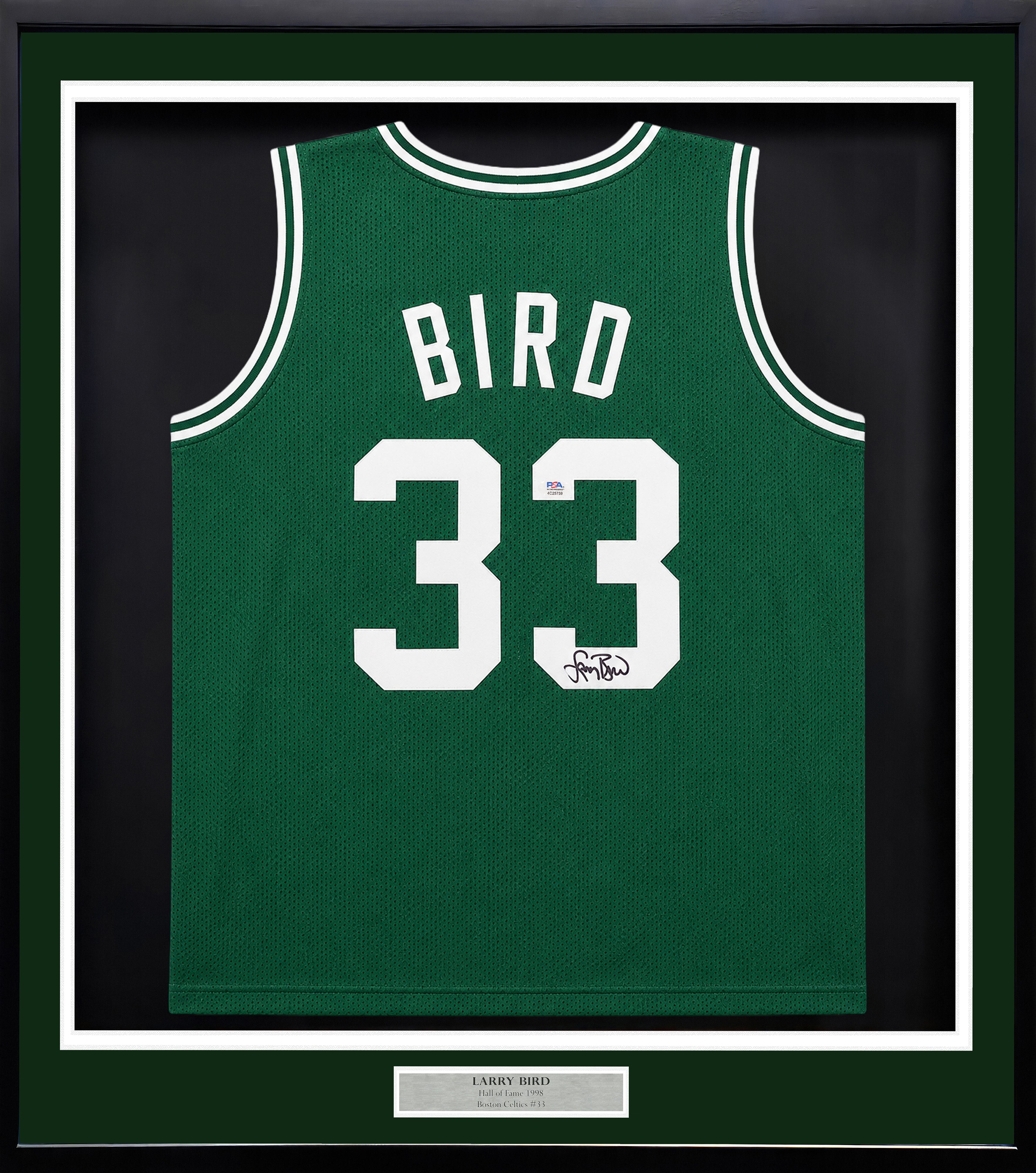 Larry Bird Signed Celtics Framed Green Jersey - PSA/DNA (In The Presence)