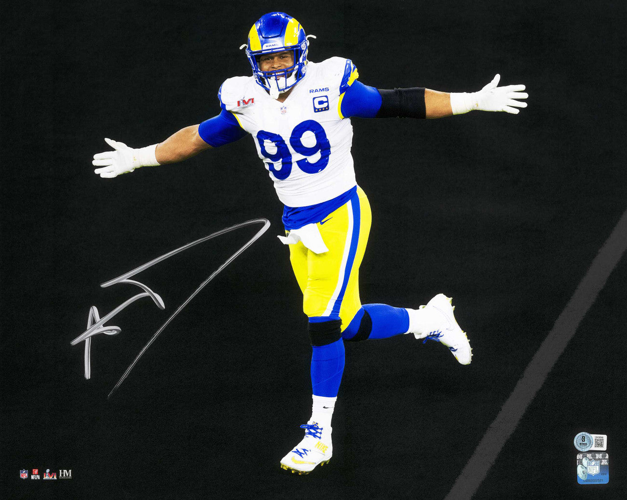 Aaron Donald Autographed 16x20 Photo Los Angeles Rams Super Bowl LVI 56 Spotlight Beckett BAS Witness