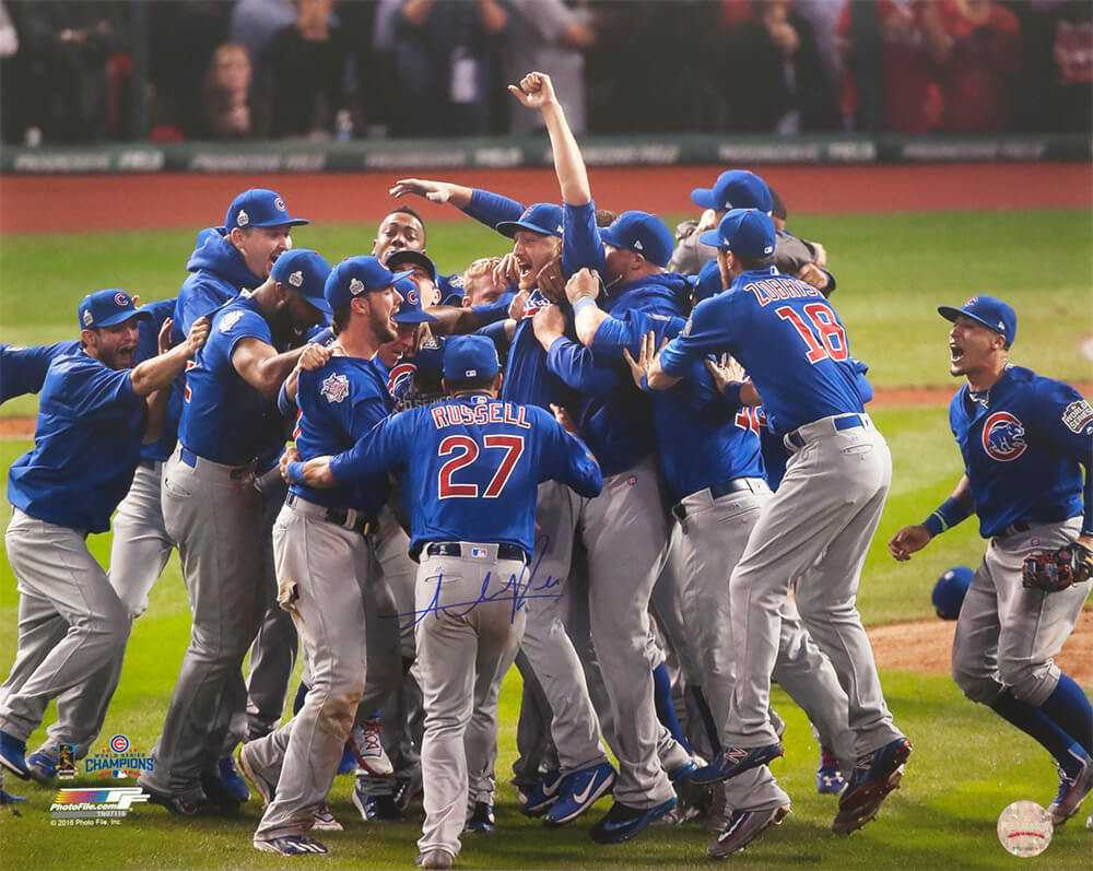 Addison Russell Signed Chicago Cubs 2016 World Series Team Celebration Close Up 16x20 Photo - Schwartz Authenticated