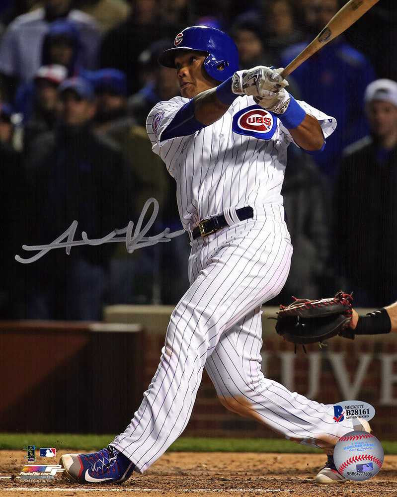 Addison Russell Signed Chicago Cubs White Pinstripe Jersey Swinging Action 8x10 Photo - Beckett