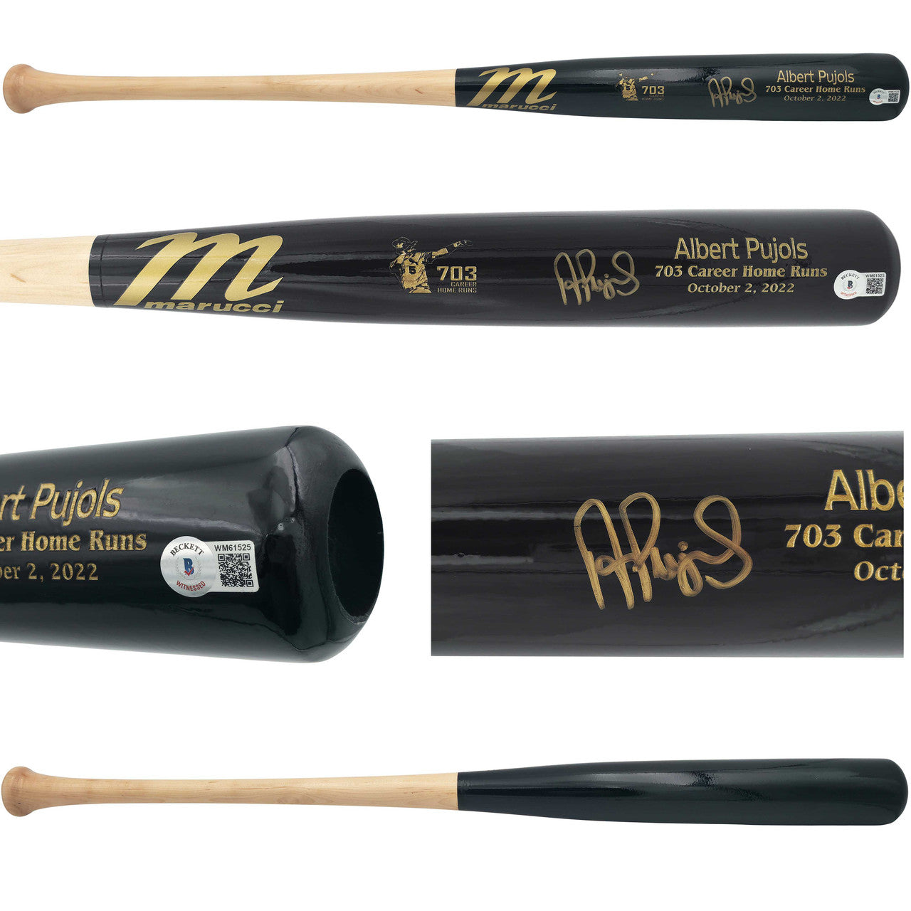 Albert Pujols Autographed Marucci Black Bat “703 Career Home Runs” Engraved – St. Louis Cardinals – Beckett BAS Witness