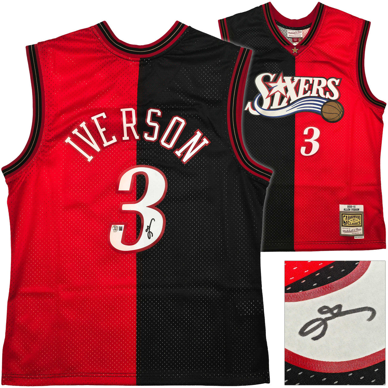 Allen Iverson Autographed 76ers Black & Red Split Mitchell & Ness 2000-01 Swingman Jersey – Size L – Beckett BAS Witness
