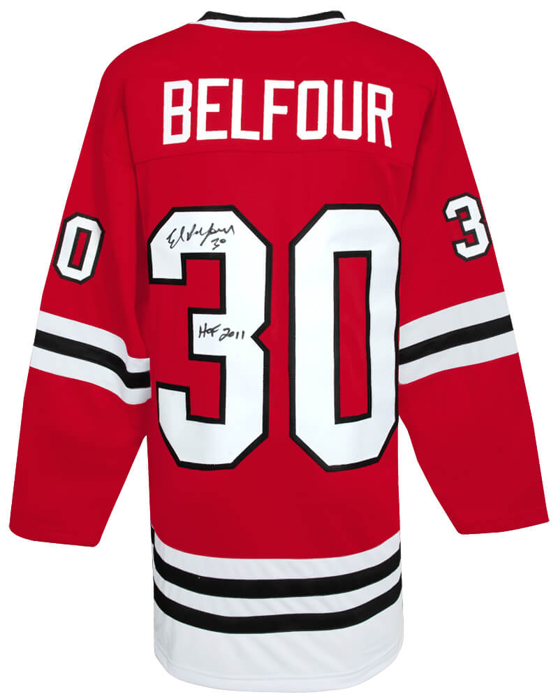 Ed Belfour Signed Red Throwback Custom Hockey Jersey w/HOF 2011