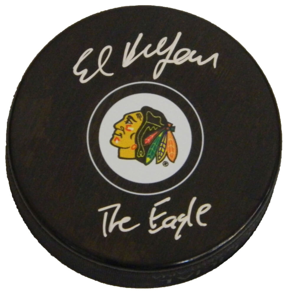 Ed Belfour Signed Chicago Blackhawks Logo Hockey Puck w/The Eagle