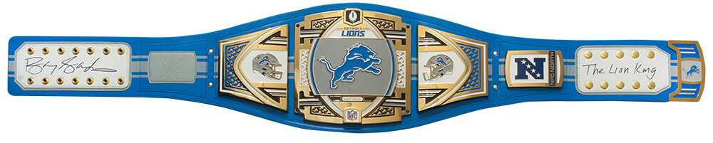 Barry Sanders Signed Detroit Lions 53x12 WWE Legacy Full Size Authentic Blue Wrestling Belt w/The Lion King - Schwartz Authenticated