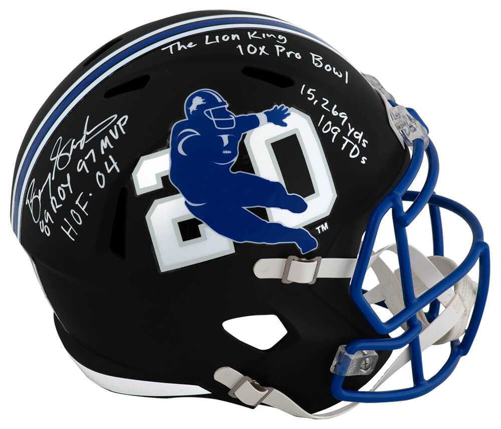 Barry Sanders Signed Detroit Lions Black Riddell Full-Size Speed Replica Helmet w/7 Inscriptions – Schwartz Sports COA