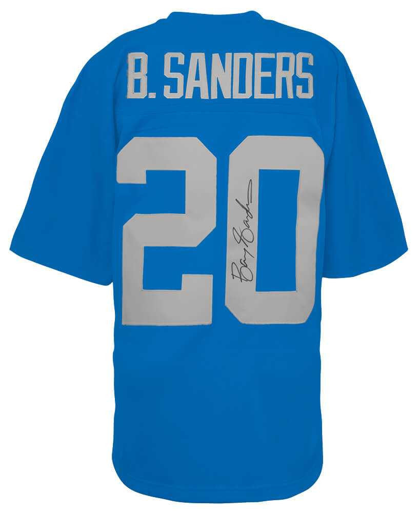Barry Sanders Signed Detroit Lions Blue With Grey Numbers 1994 Throwback M&N NFL Football Jersey - Schwartz Authenticated