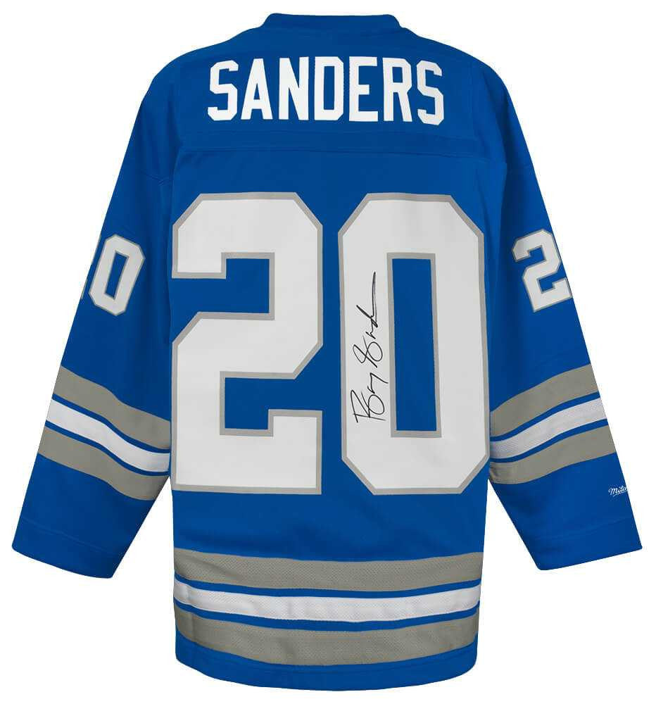 Barry Sanders Signed Lions Blue M&N Maxxed Out Hockey Jersey – COA