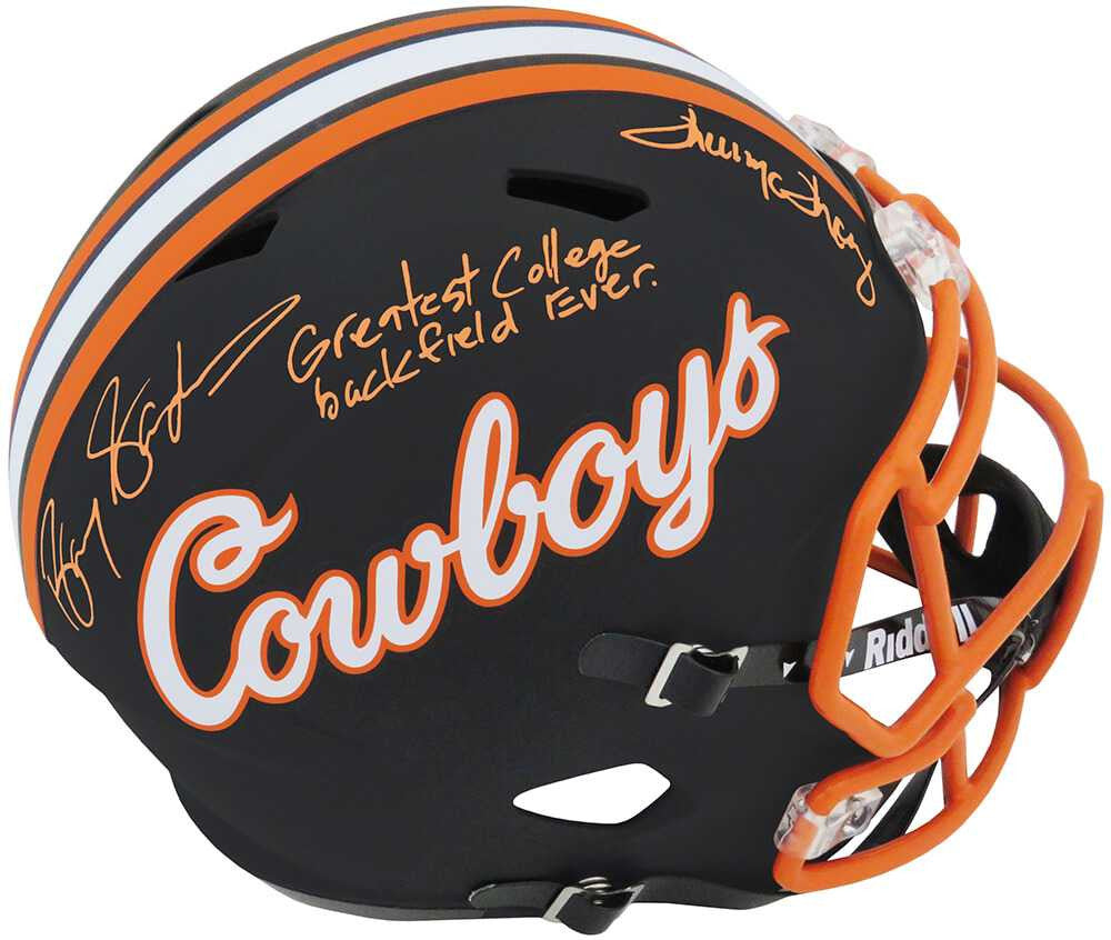 Barry Sanders & Thurman Thomas Autographed Oklahoma State Black Full-Size Helmet w/“Greatest College Backfield Ever” – Schwartz COA