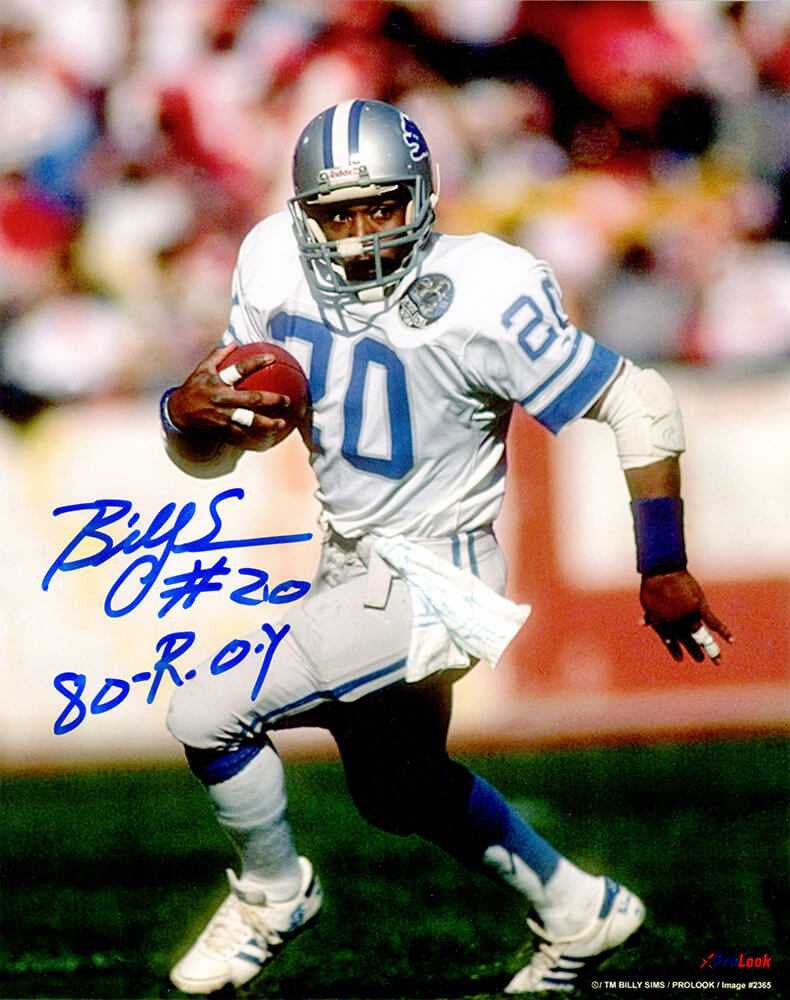 Billy Sims Signed Detroit Lions White Jersey Running 8x10 Photo w/80 ROY