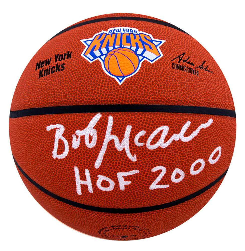 Bob McAdoo Signed New York Knicks Logo Wilson NBA Basketball w/HOF 2000 - Schwartz Authenticated