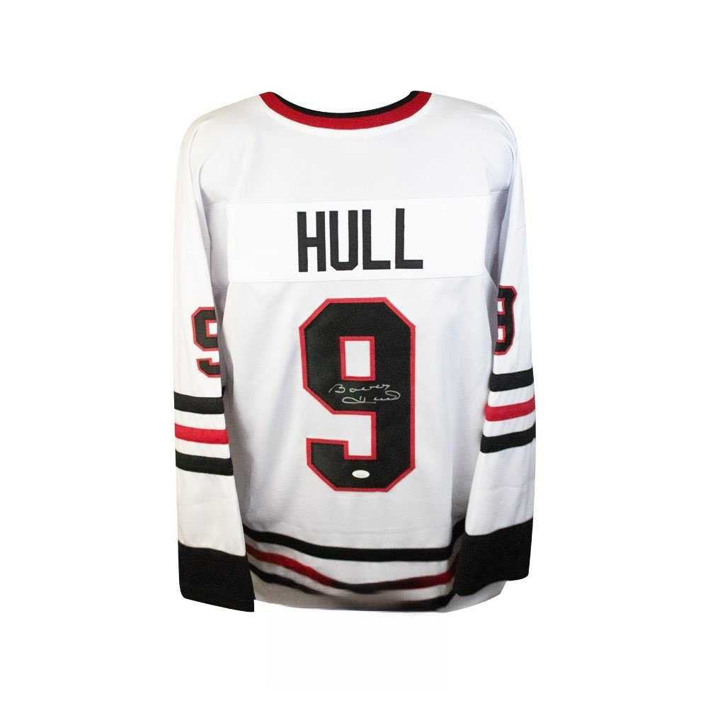 Bobby Hull Signed White Blackhawks Jersey “HOF” – JSA COA