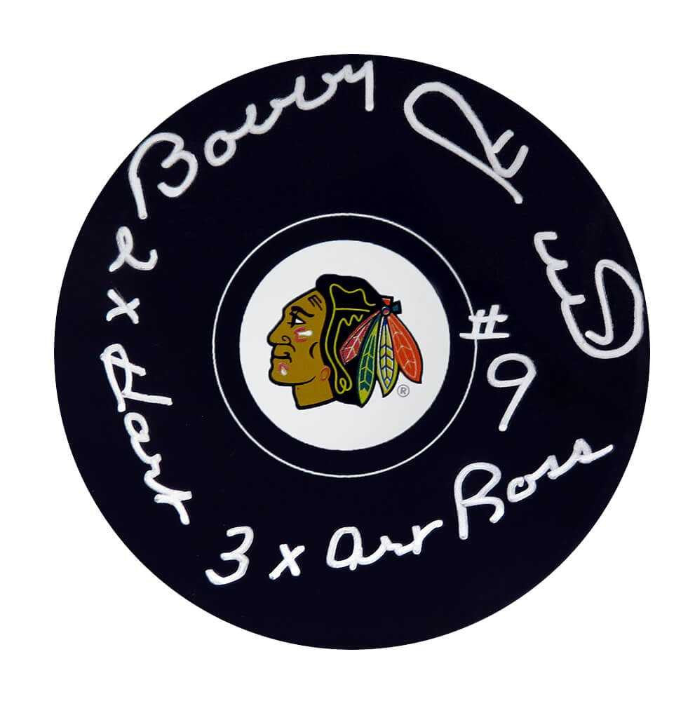 Bobby Hull Signed Chicago Blackhawks Logo Hockey Puck w/2x Hart, 3x Art Ross - Schwartz Authenticated