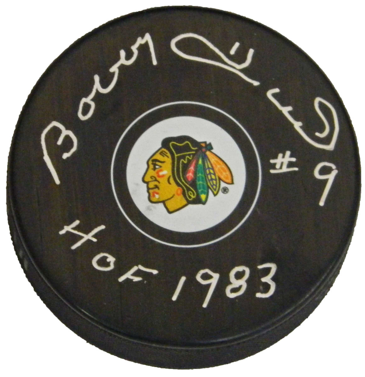 Bobby Hull Signed Chicago Blackhawks Logo Hockey Puck w/HOF 1983 - Schwartz Authenticated