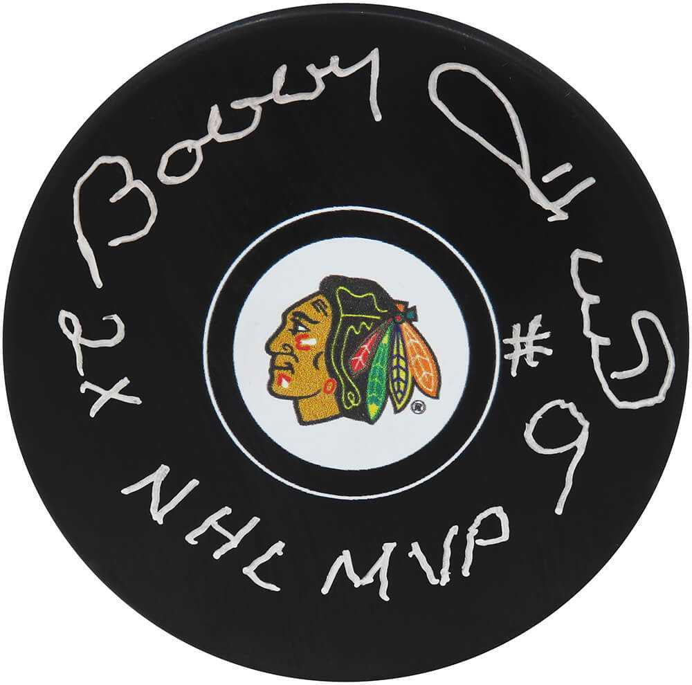 Bobby Hull Signed Chicago Blackhawks Team Logo Hockey Puck w/2x NHL MVP - Schwartz Authenticated