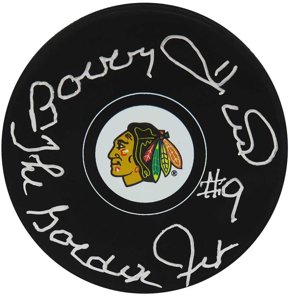 Bobby Hull Signed Chicago Blackhawks Team Logo Hockey Puck w/The Golden Jet - Schwartz Authenticated