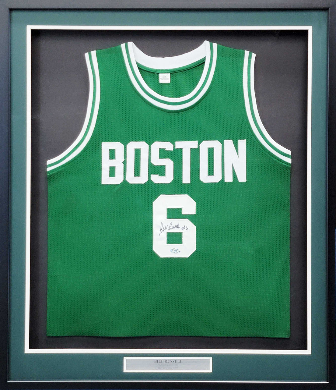 Boston Celtics Bill Russell Autographed Framed Green Jersey JSA