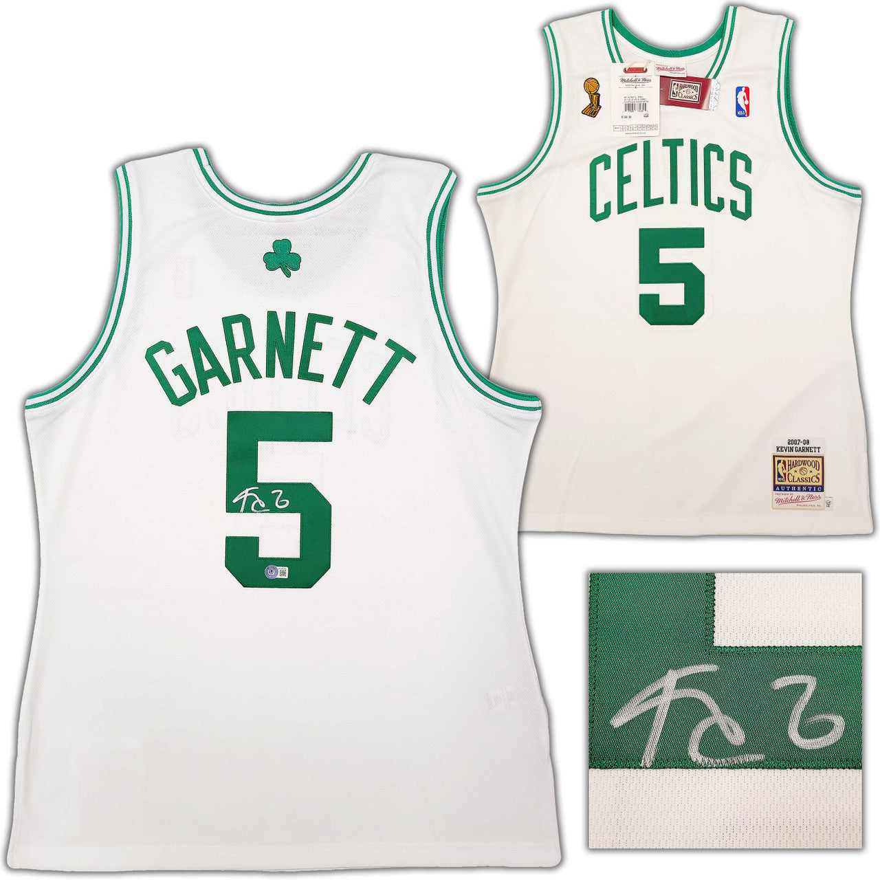 Boston Celtics Kevin Garnett Autographed White Authentic Mitchell & Ness Hardwood Classics 2007-2008 Jersey Size L Beckett BAS QR Stock #203551