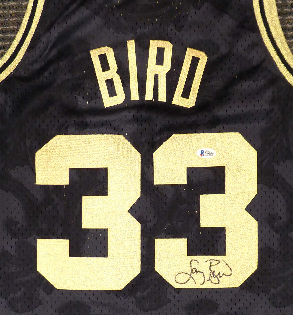 Boston Celtics Larry Bird Autographed Black Mitchell & Ness Gold Toile Swingman Jersey Size L Beckett BAS #Y92564