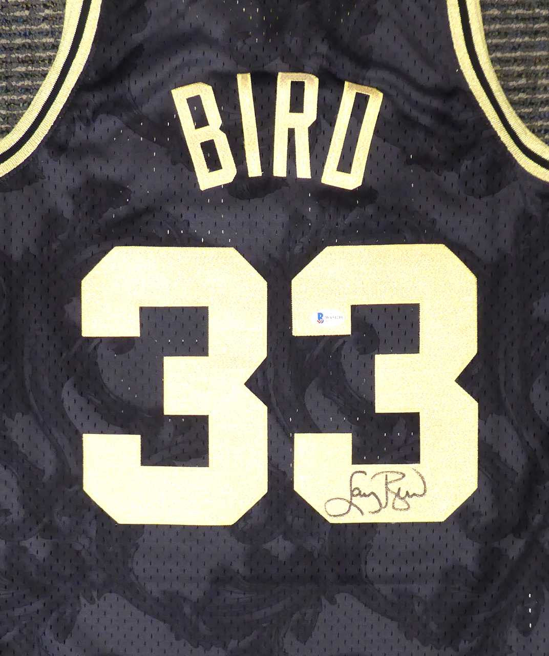 Boston Celtics Larry Bird Autographed Black Mitchell & Ness Gold Toile Swingman Jersey Size M Beckett BAS