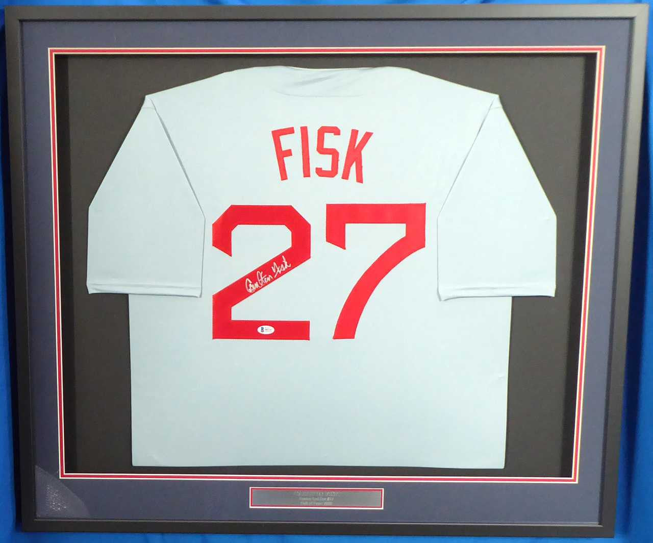 Carlton Fisk Signed Boston Red Sox Framed Gray Jersey – BAS COA