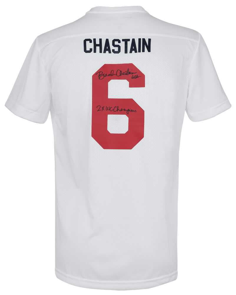 Brandi Chastain Signed Nike White Dri-Fit Soccer Jersey w/2x WC Champions - Schwartz Authenticated