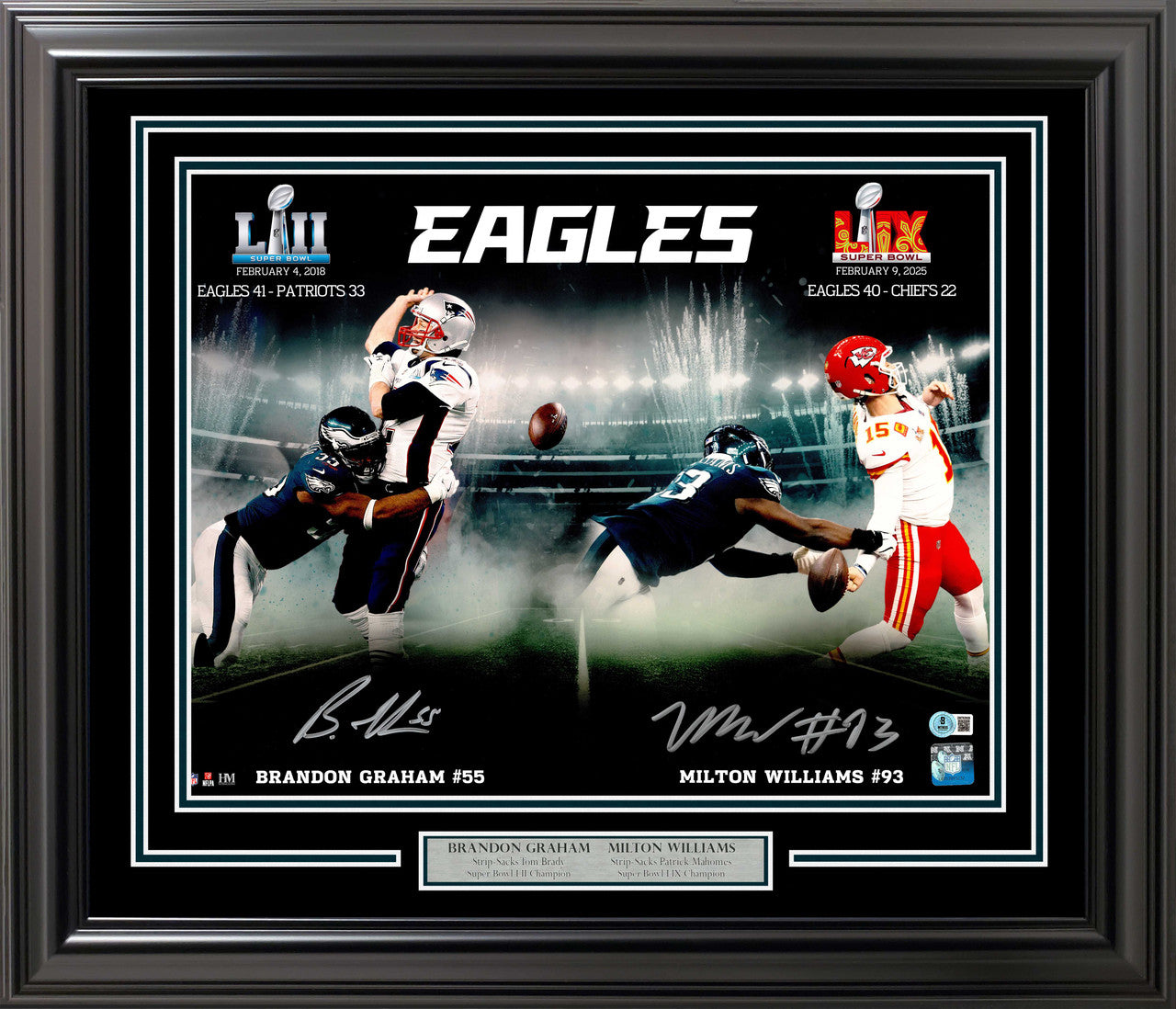 Brandon Graham & Milton Williams Autographed Eagles Framed 16x20 Super Bowl Strip Sack Fumble Photo – Beckett BAS Witness
