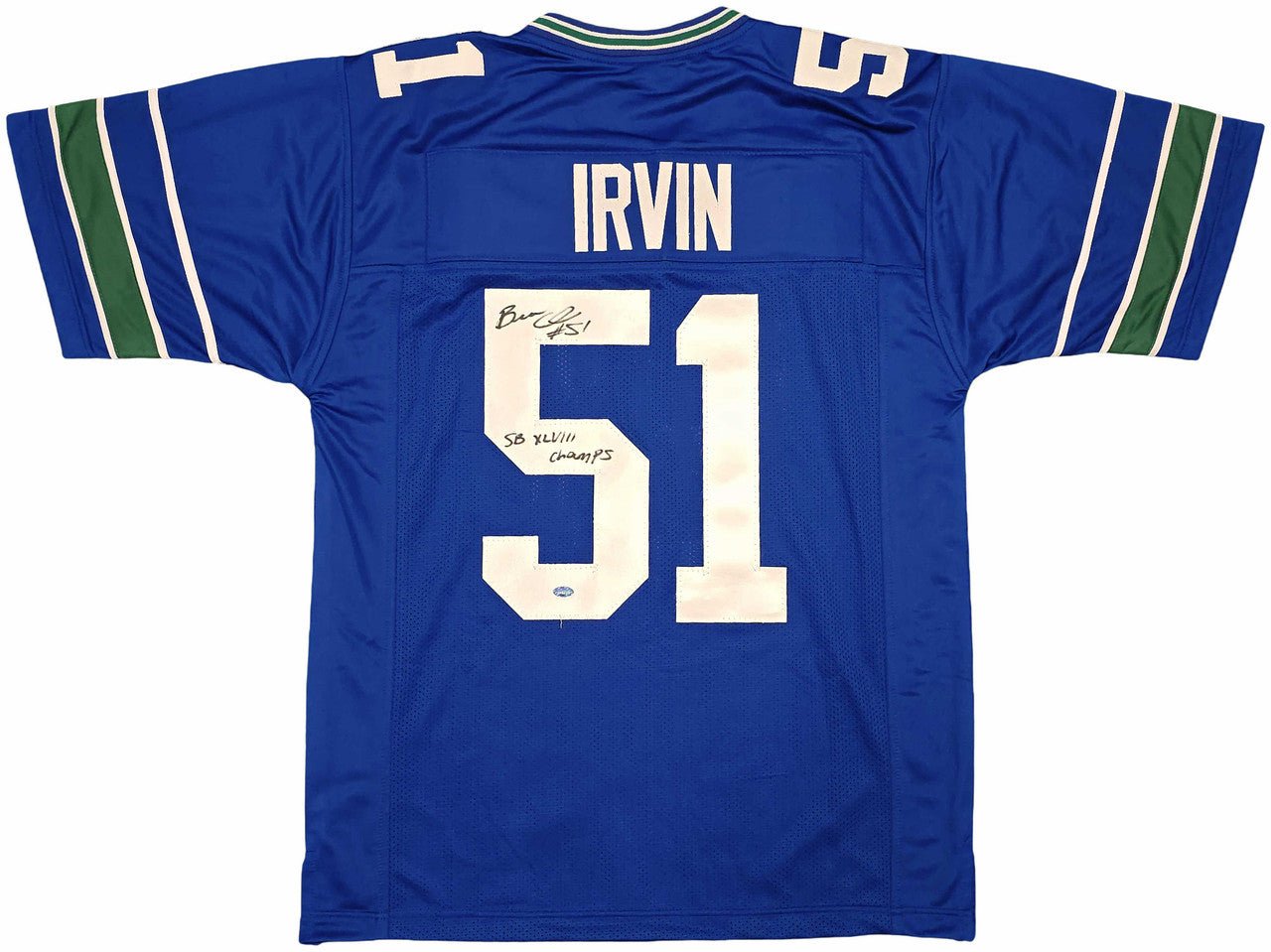 Bruce Irvin Autographed Seattle Seahawks Blue Throwback Jersey “SB XLVIII Champs” – MCS Hologram