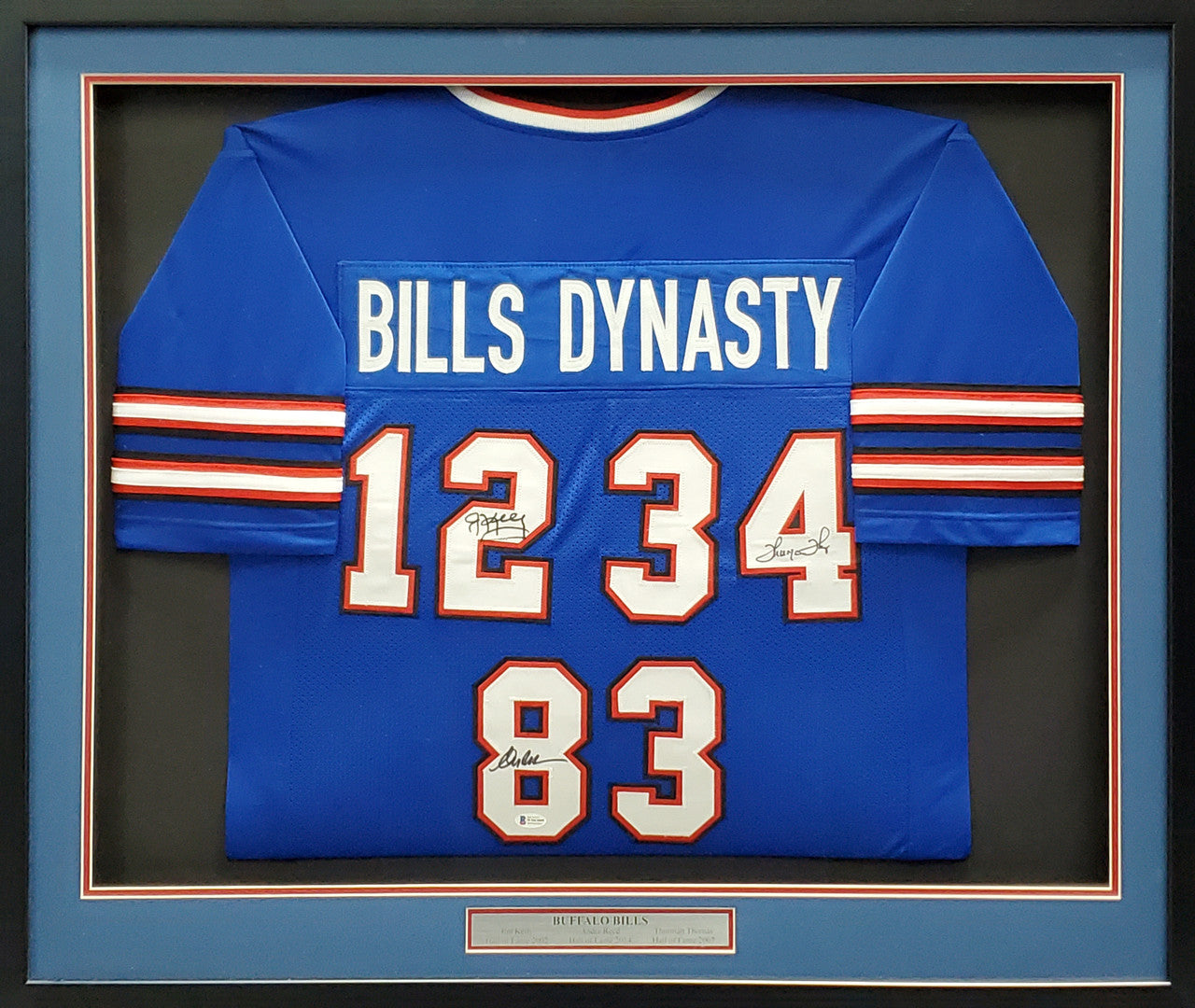 Jim Kelly, Thurman Thomas & Andre Reed Signed Buffalo Bills Framed Blue Dynasty Jersey – BAS COA