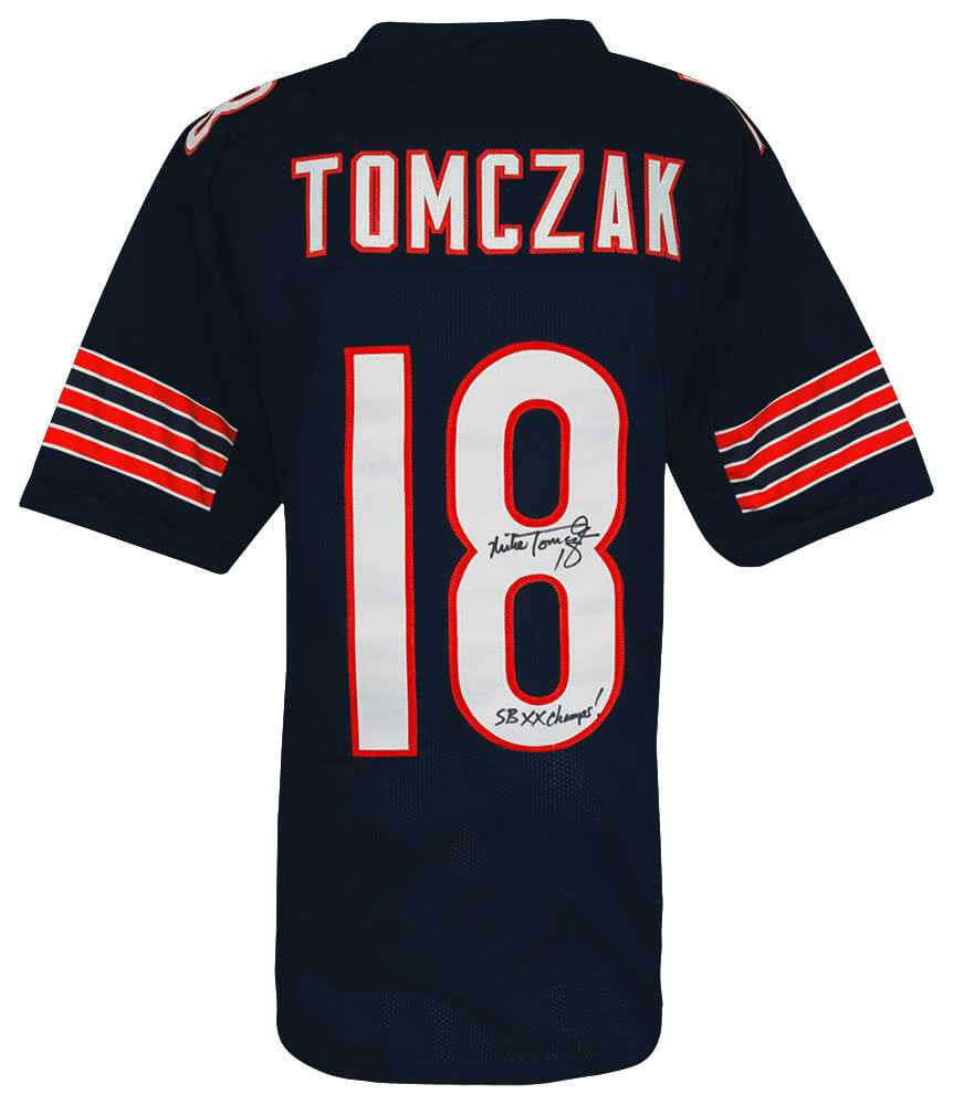 Chicago Bears Mike Tomczak Signed Navy Jersey w/SB XX Champs - Schwartz Authenticated