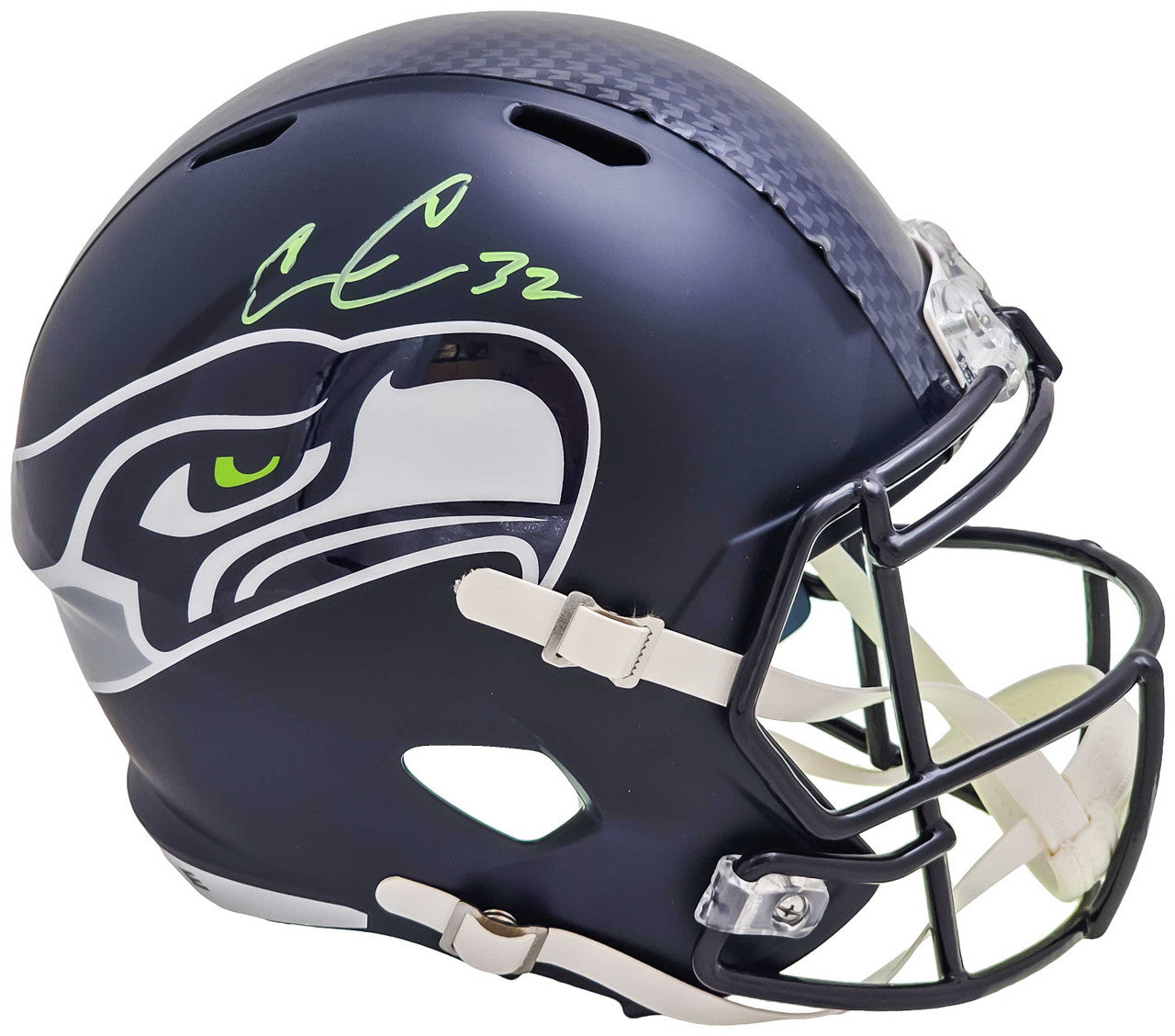 Chris Carson Autographed Seattle Seahawks Blue Full Size Speed Helmet (Decal Bubbling) Fanatics Holo Stock #216807
