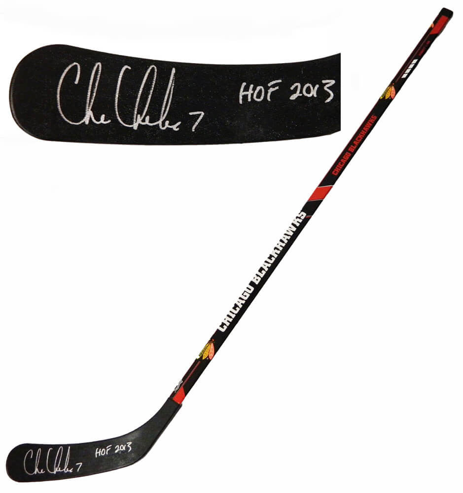 Chris Chelios Signed Chicago Blackhawks Logo 48 Inch Full Size Hockey Stick w/HOF 2013 - Schwartz Authenticated